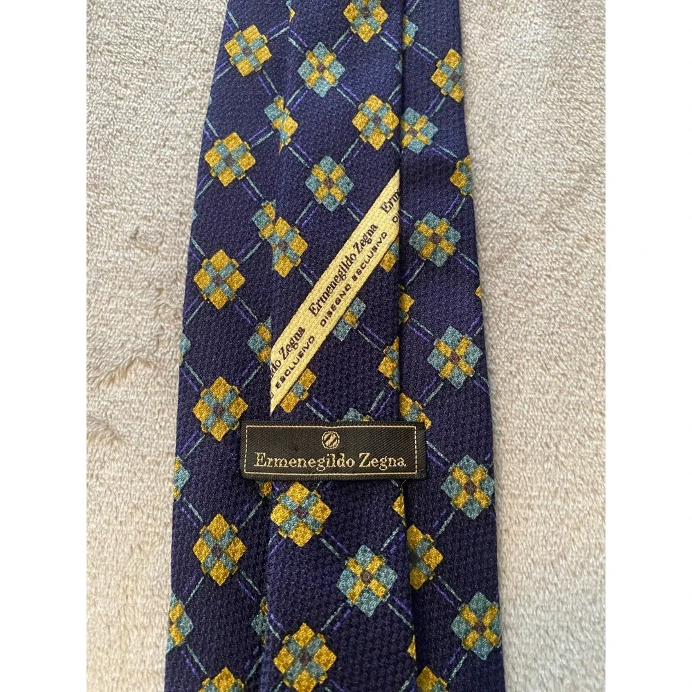 Ermenegildo‎ Zegna Tie Navy Blue Gold Silk Geometric Disegno Esclusivo Italy